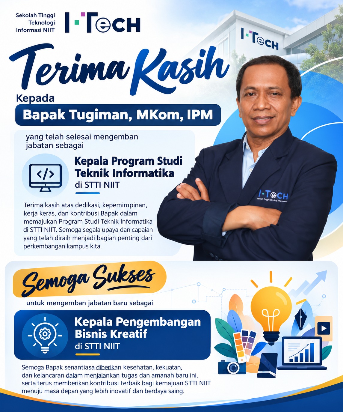 STTI NIIT Sampaikan Apresiasi Kepada Tugiman atas Masa Tugas Kaprodi Teknik Informatika dan Amanah Baru Kepala Pengembangan Bisnis Kreatif